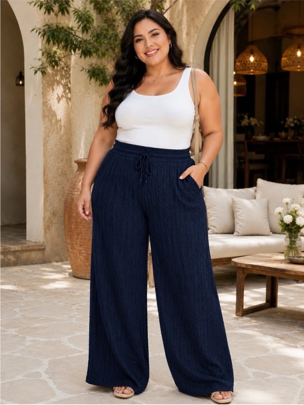 wild fable Navy Wide-Leg Drawstring Knit Pants